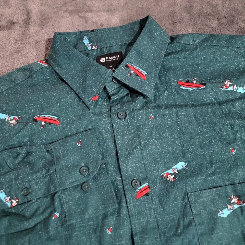 Christmas Shirt Men Med Green Santa Jet Ski Shark Funny AOP Haggar NWT HolidaY